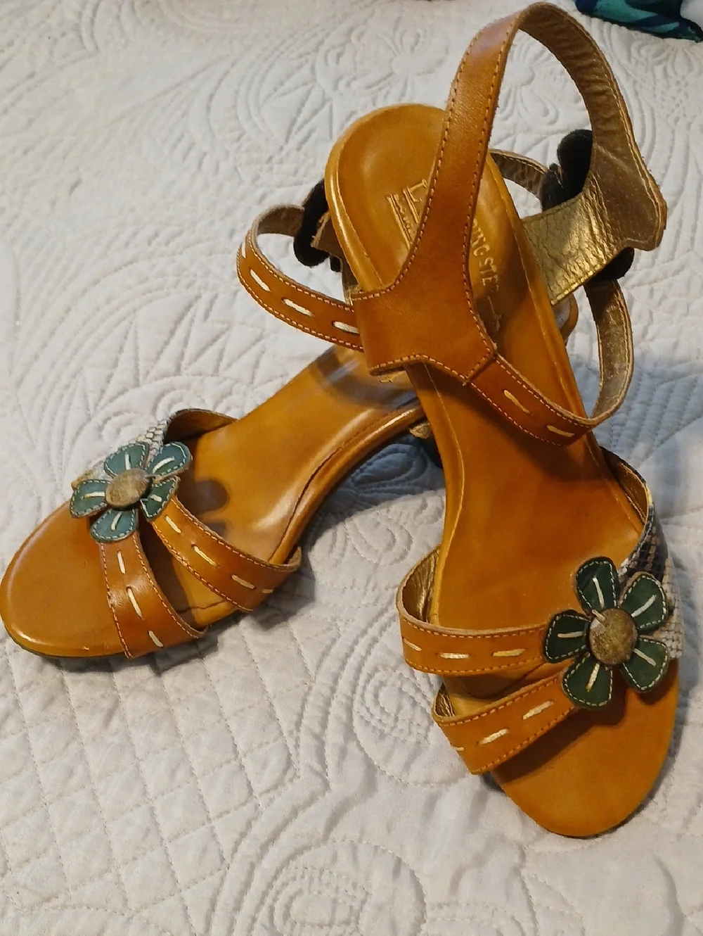 Tan Leather Sandals with Green Floral Accent